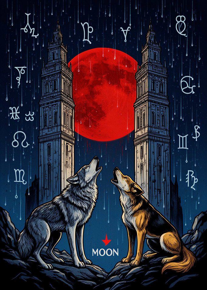Wolves Howling at Red Moon
