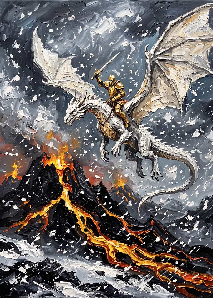 Knight Riding Dragon Over Volcano
