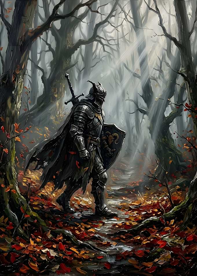 Dark Knight Walking Through Autumn Forest