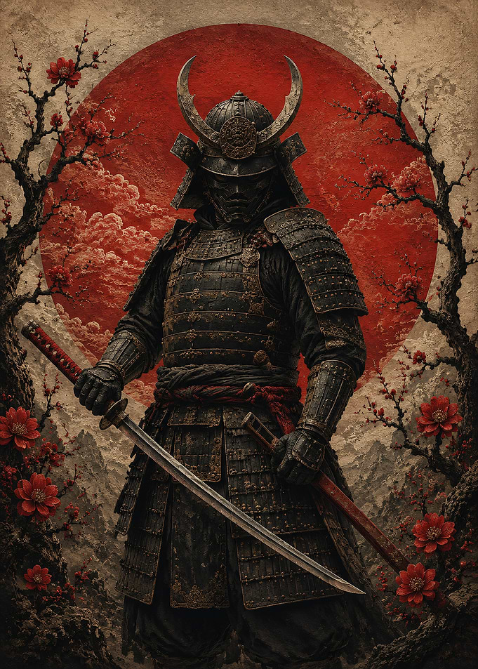 Samurai Warrior with Red Sun Background