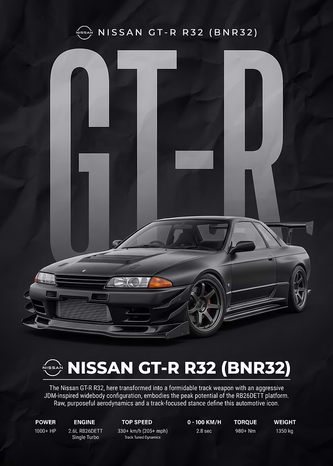 black Nissan GT-R R32 Track Poster