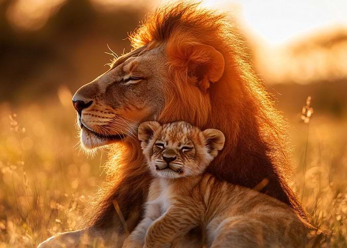 Lion and Cub at Sunset