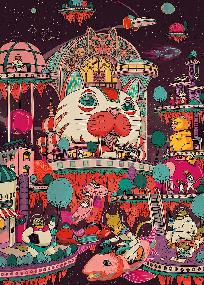 Whimsical Cosmic Cat City Illustration