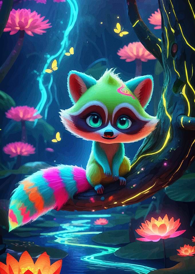 Neon Fantasy Raccoon in Enchanted Forest
