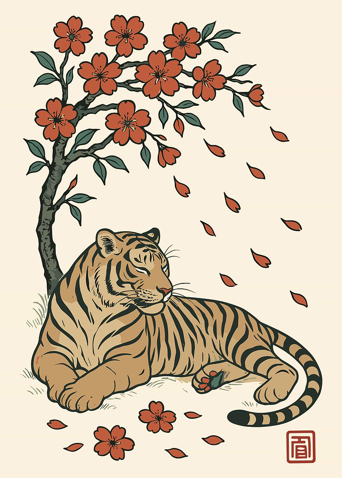 Japanese Tiger Under Cherry Blossom Tree Traditional Ukiyo-e Style Wall Art Poster
