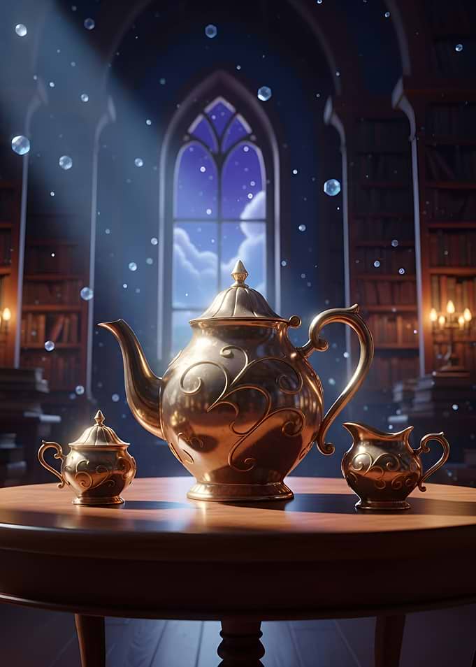 The Alchemist's Golden Tea Set in the Mystic Library