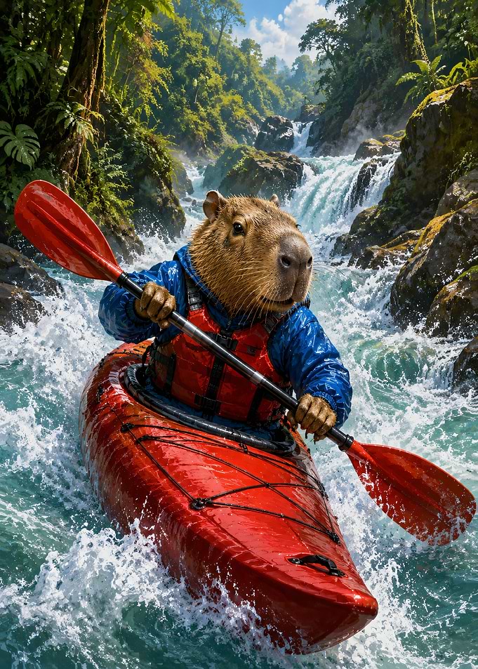 Capybara Kayaking Through Tropical Rapids
