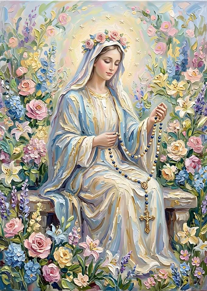 Virgin Mary with Rosary and Flowers