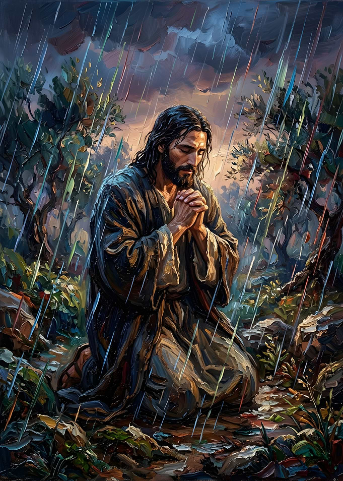 Jesus Praying in the Rain