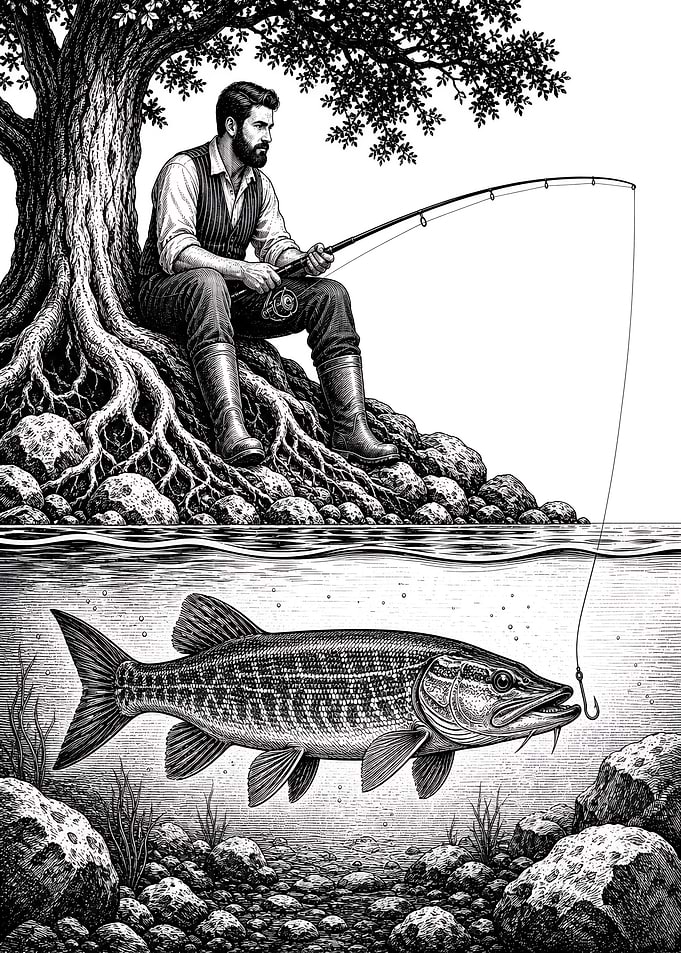 Man Fishing for Muskie Fish at the Tree Nature