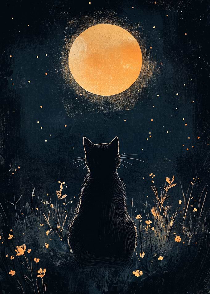 Black Cat Watching the Full Moon