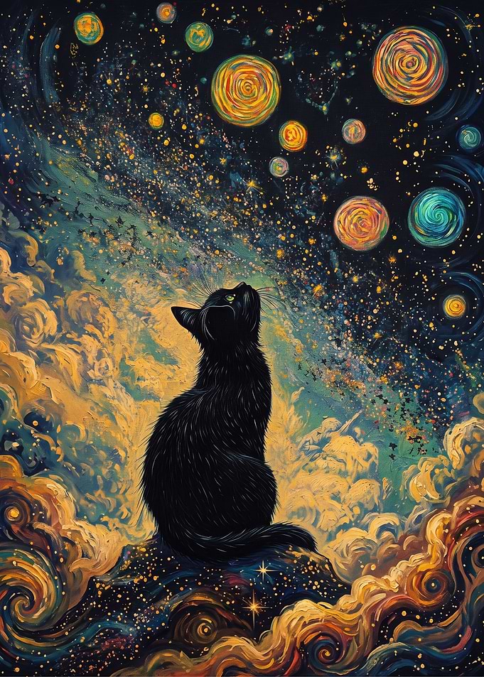 Black Cat Stargazing in Cosmic Sky