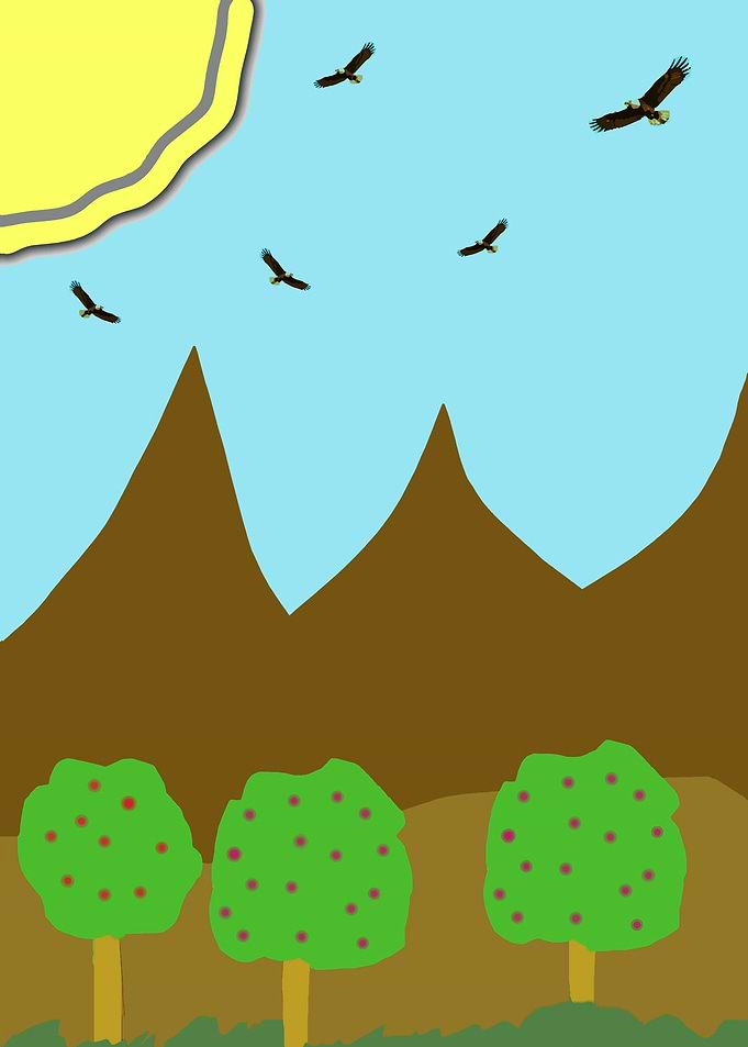 Simple Cartoon Landscape with Eagles
