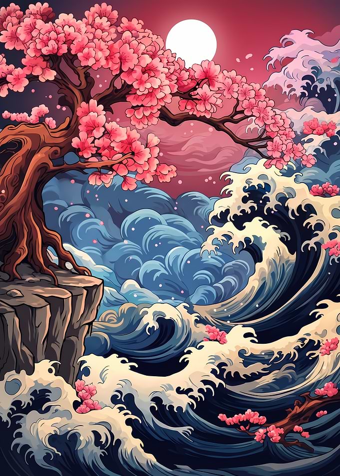 Cherry Blossom Tree Over Great Wave