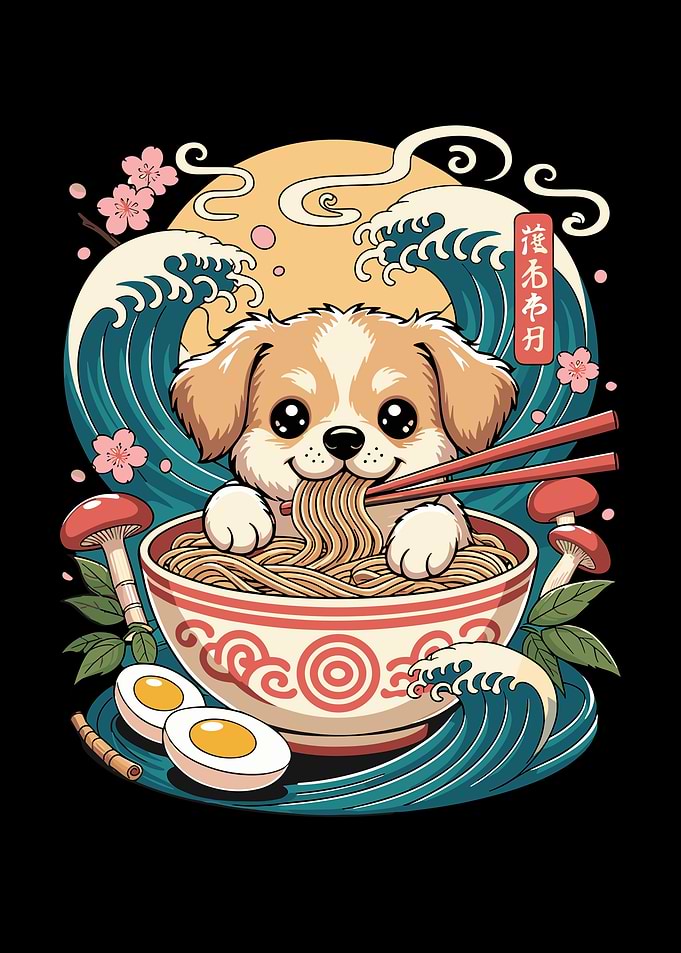 Cute Puppy Eating Ramen Illustration