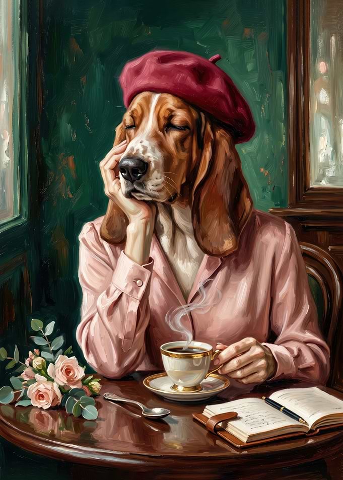 Sophisticated Basset Hound Artist Cafe Portrait