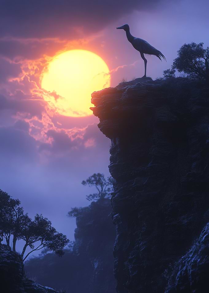 Crane Standing on Cliff at Sunset