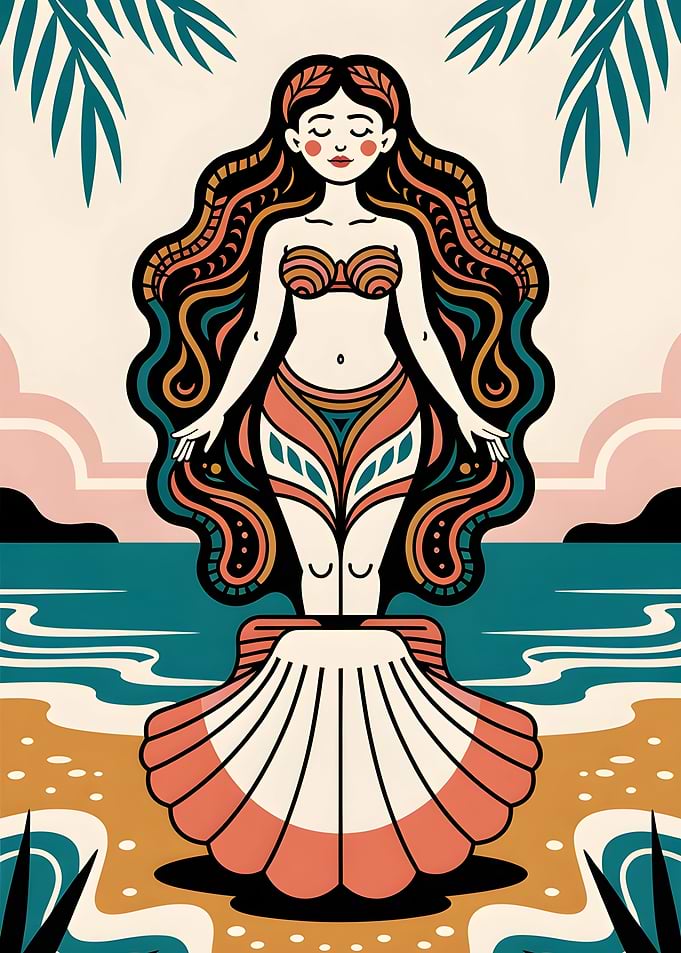Stylized Mermaid Princess Emerging from Seashell