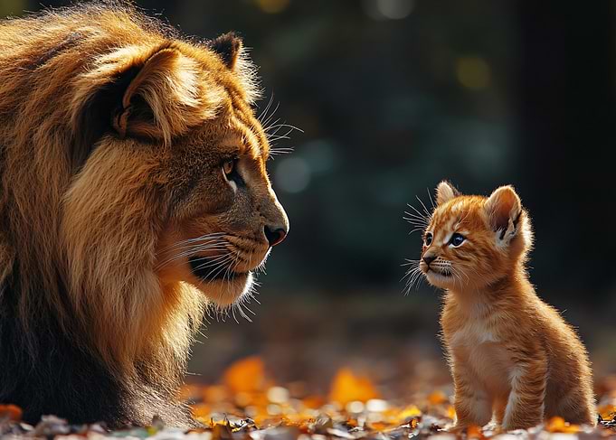 Lion and Kitten Face to Face
