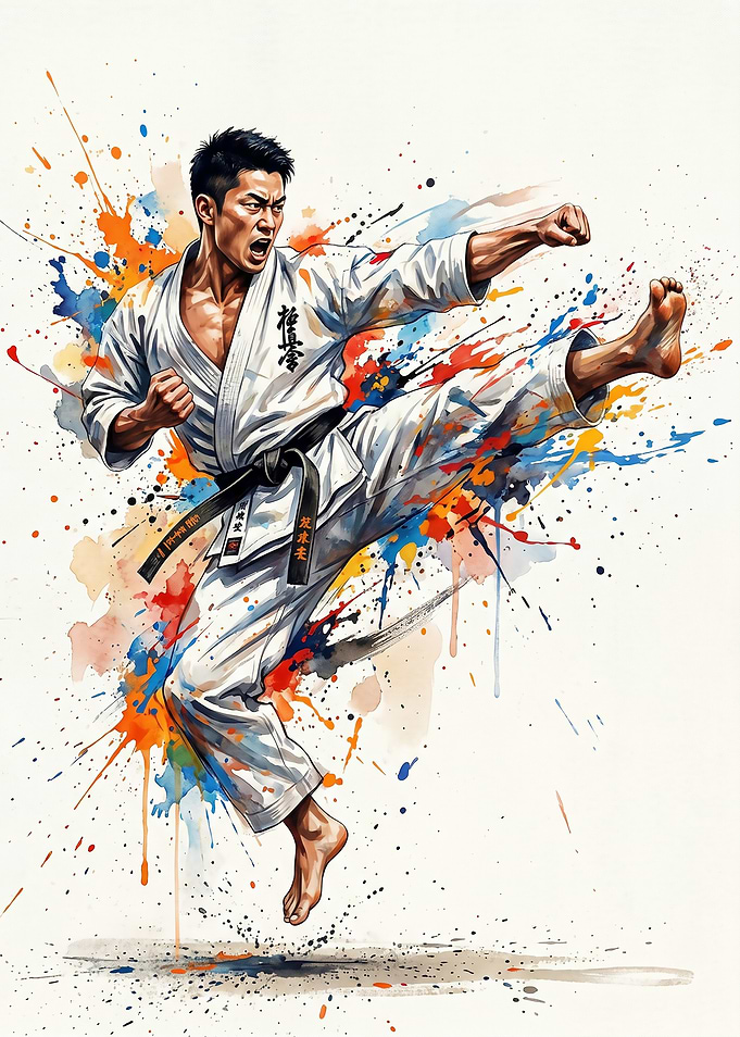 Dynamic Karate Fighter Watercolor Art