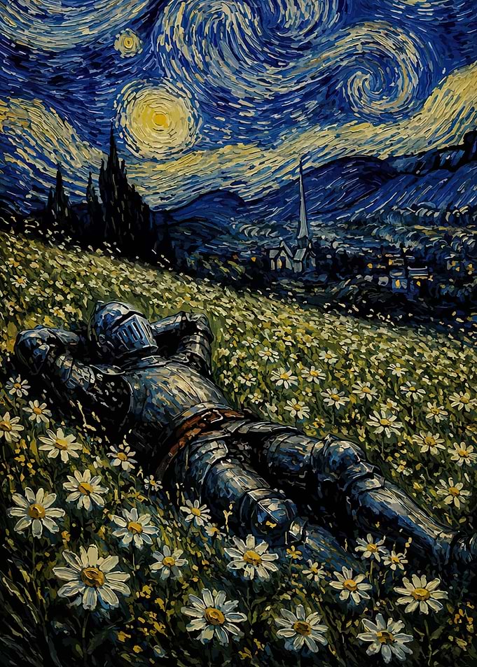 Knight Resting in Starry Field