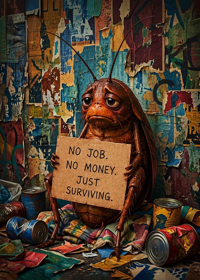 Sad Cockroach Holding Survival Sign