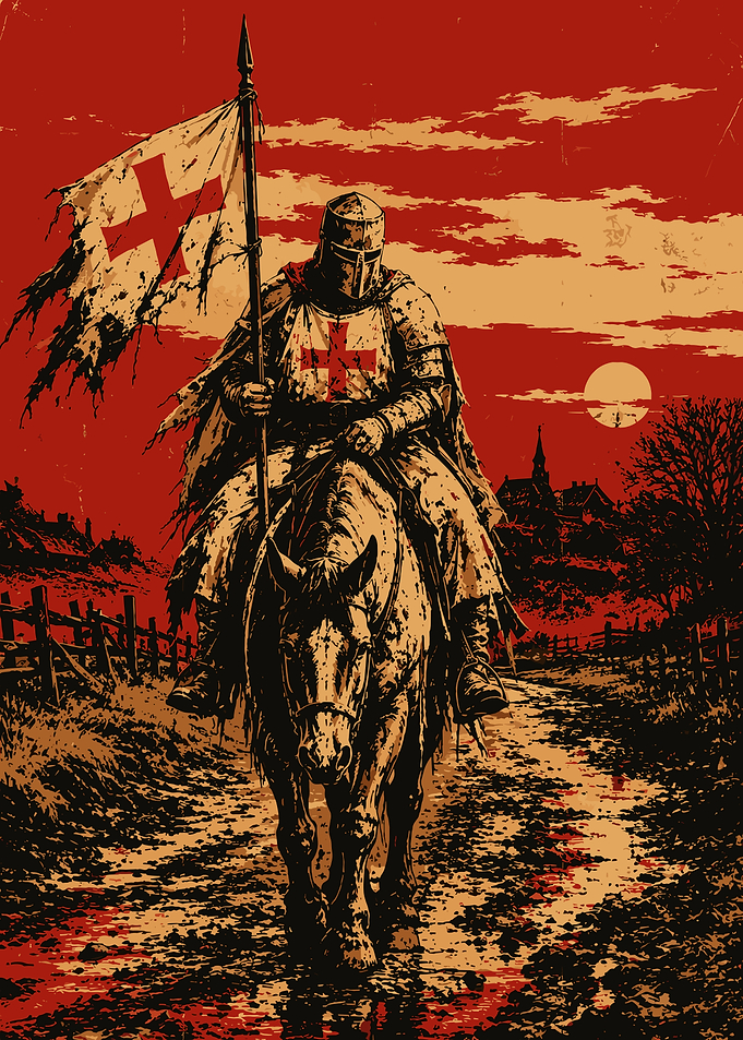 Crusader Knight Riding Through Muddy Landscape