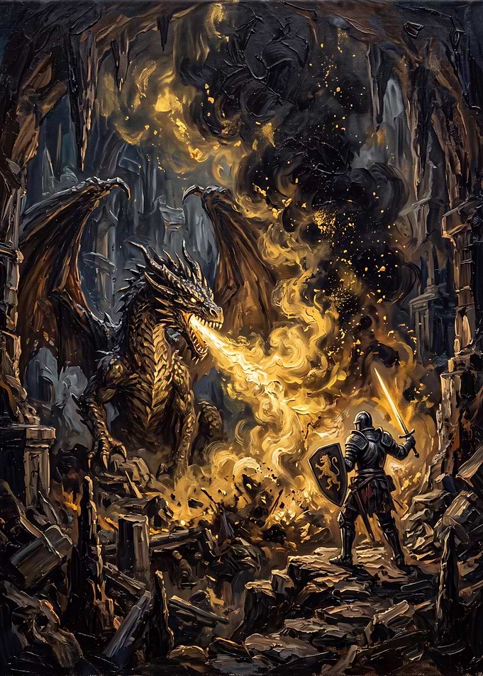Knight Battling a Fire-Breathing Dragon