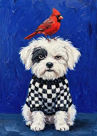 Grumpy Puppy with Cardinal Friend Oil Painting Art