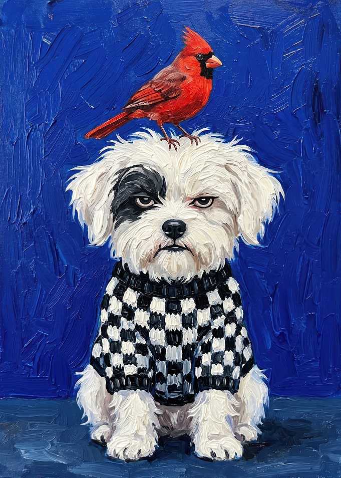 Grumpy Puppy with Cardinal Friend Oil Painting Art