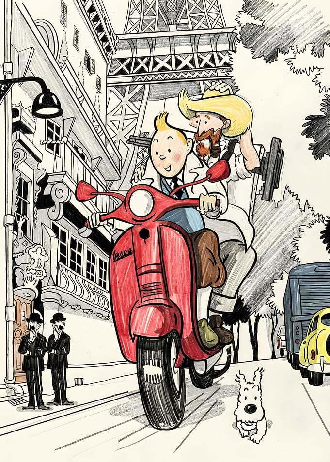 Tintin and Haddock Riding a Vespa