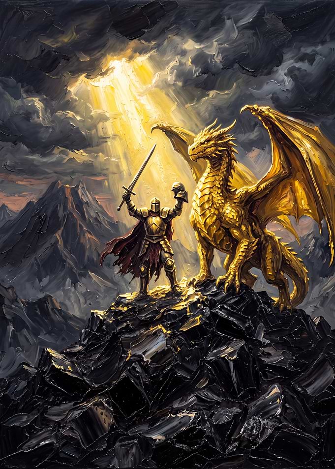 Knight and Golden Dragon on Peak