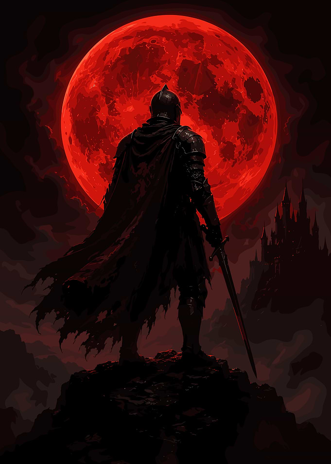 Knight Standing Before Blood Moon