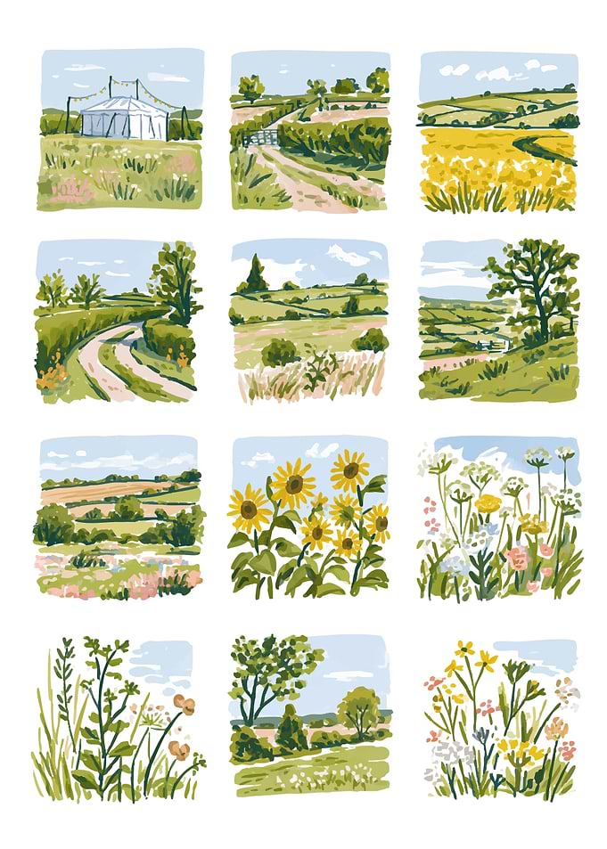 Set of Twelve Countryside Landscape Illustrations