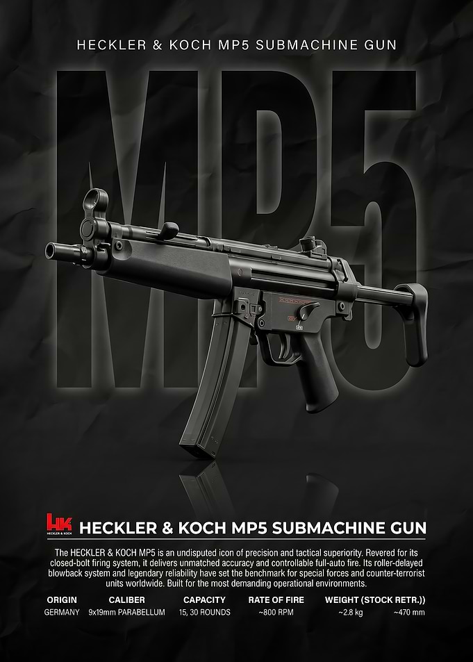black Heckler & Koch MP5 Submachine Gun Poster