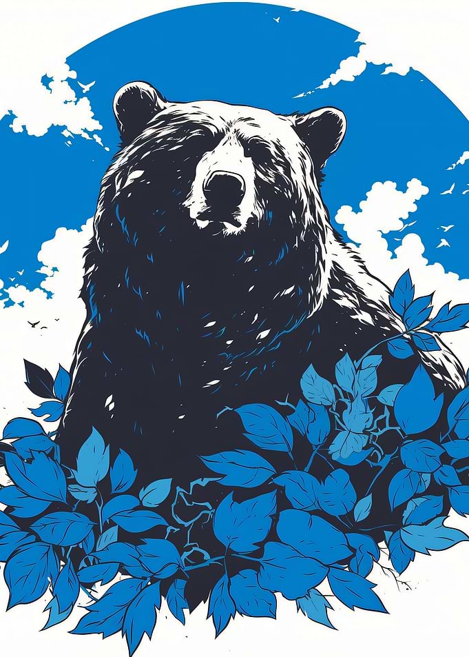 Stylized Bear in Blue Foliage