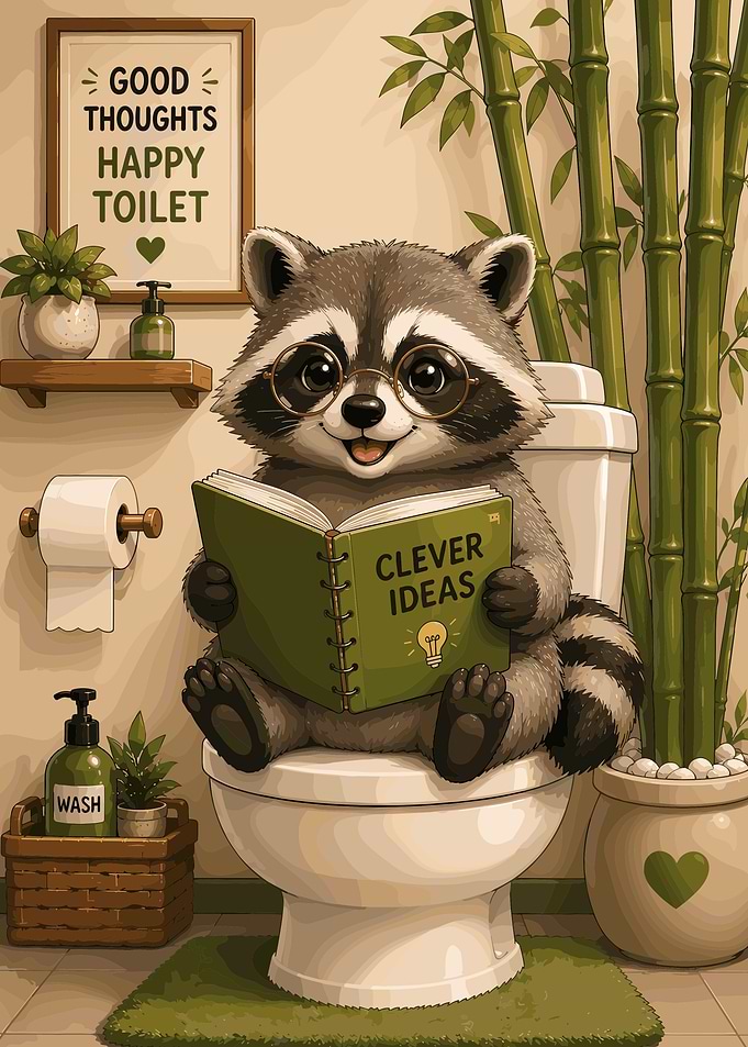 Cute Raccoon Reading on Toilet