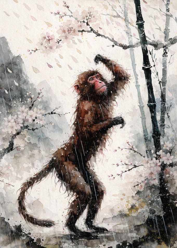 Watercolor Monkey in Cherry Blossom Rain