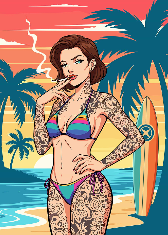Tattooed Woman on Tropical Beach