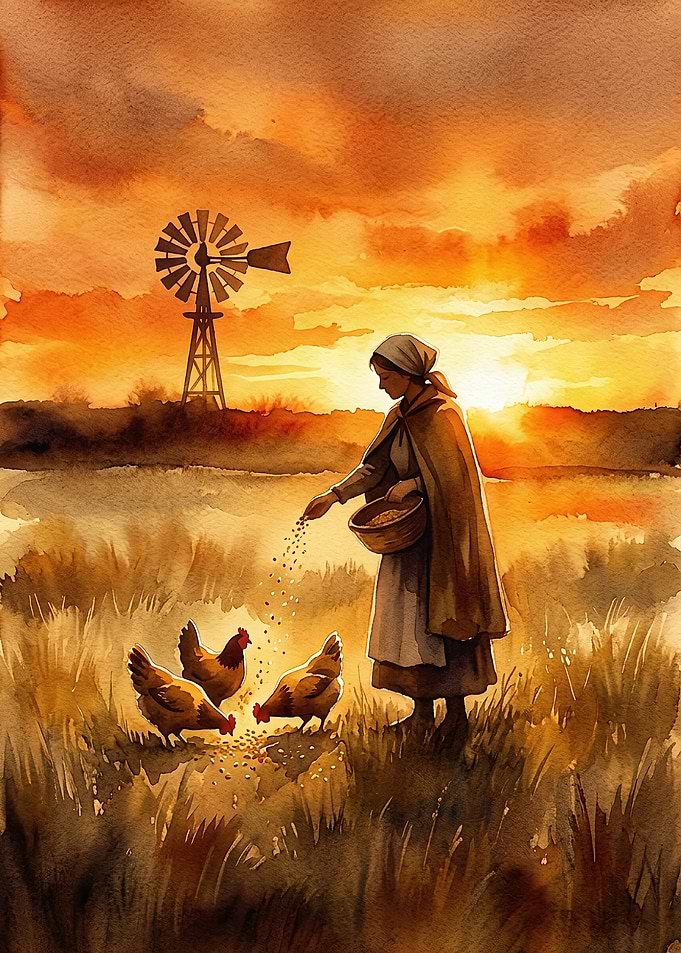 Rustic Hen Feeding Art: Watercolor Sunset Scene