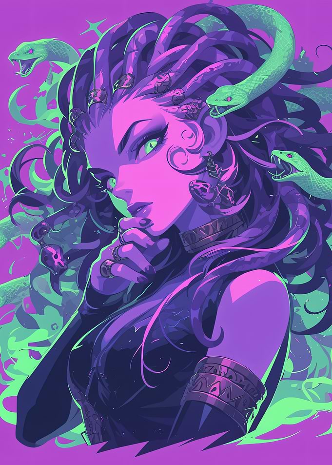 Stylized Medusa Portrait in Neon Colors