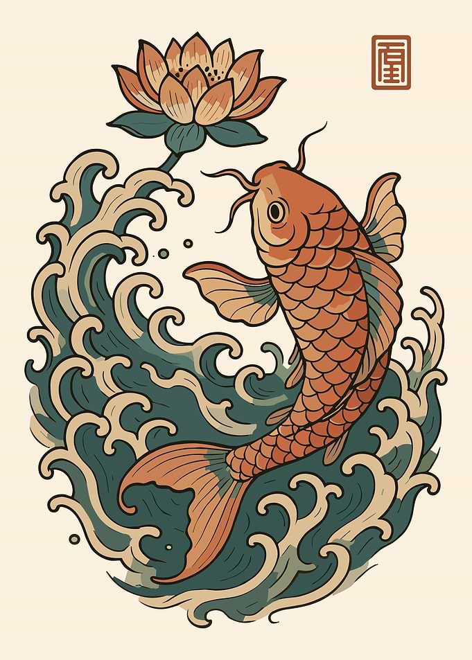 Japanese Koi Fish and Lotus Wall Art Vintage Ukiyo-e Style Poster