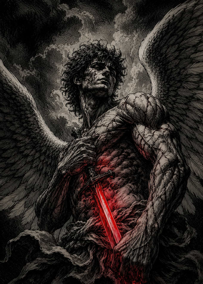 Fallen Angel with Glowing Red Sword