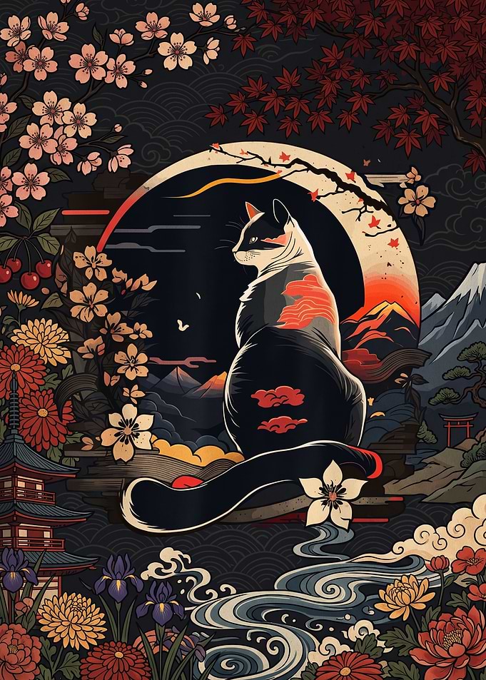 Japanese Cat Art with Cherry Blossoms