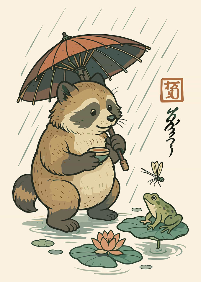Cute Raccoon in Rain Japanese Umbrella Wall Art | Ukiyo-e Inspired Nature Poster