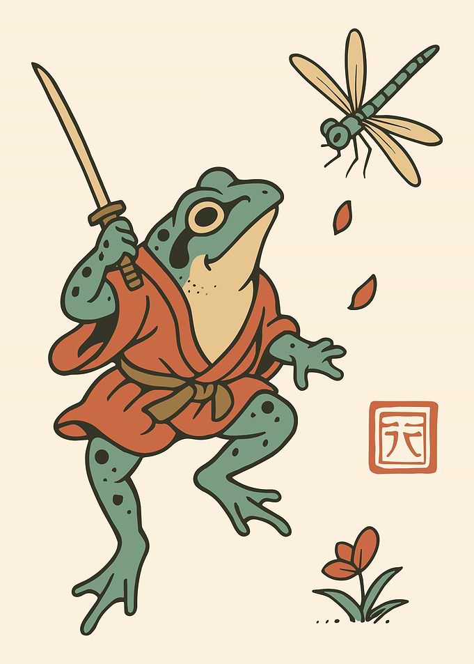 Japanese Samurai Frog Wall Art Poster with Kimono Katana and Dragonfly Illustration