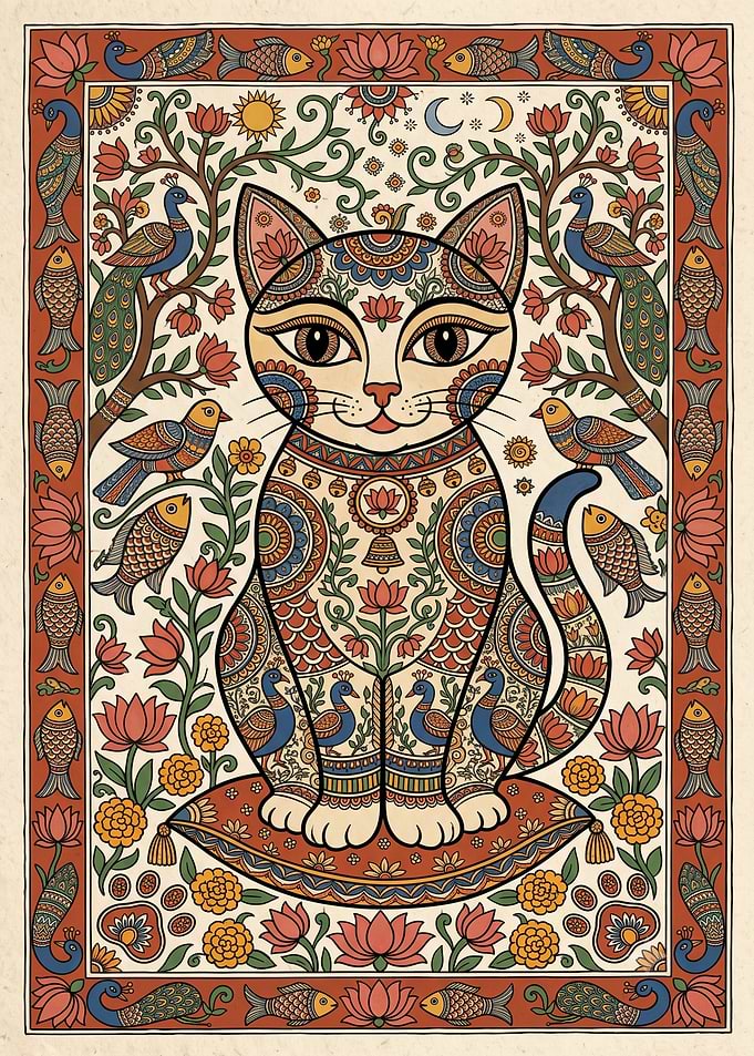 Ornate Folk Art Cat Illustration