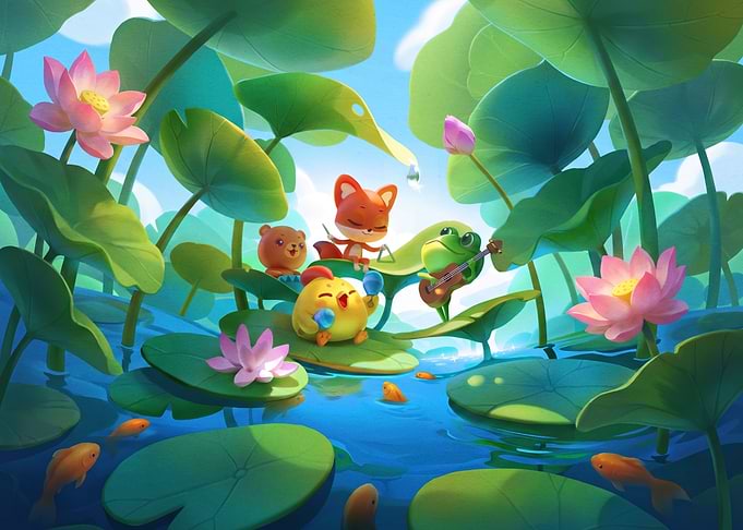 Cute Animals Playing Music in Pond