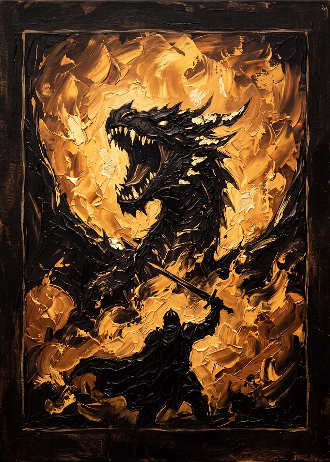 Knight Facing Dragon Oil Painting