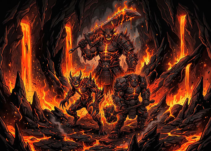 Demonic Warriors in Volcanic Cavern